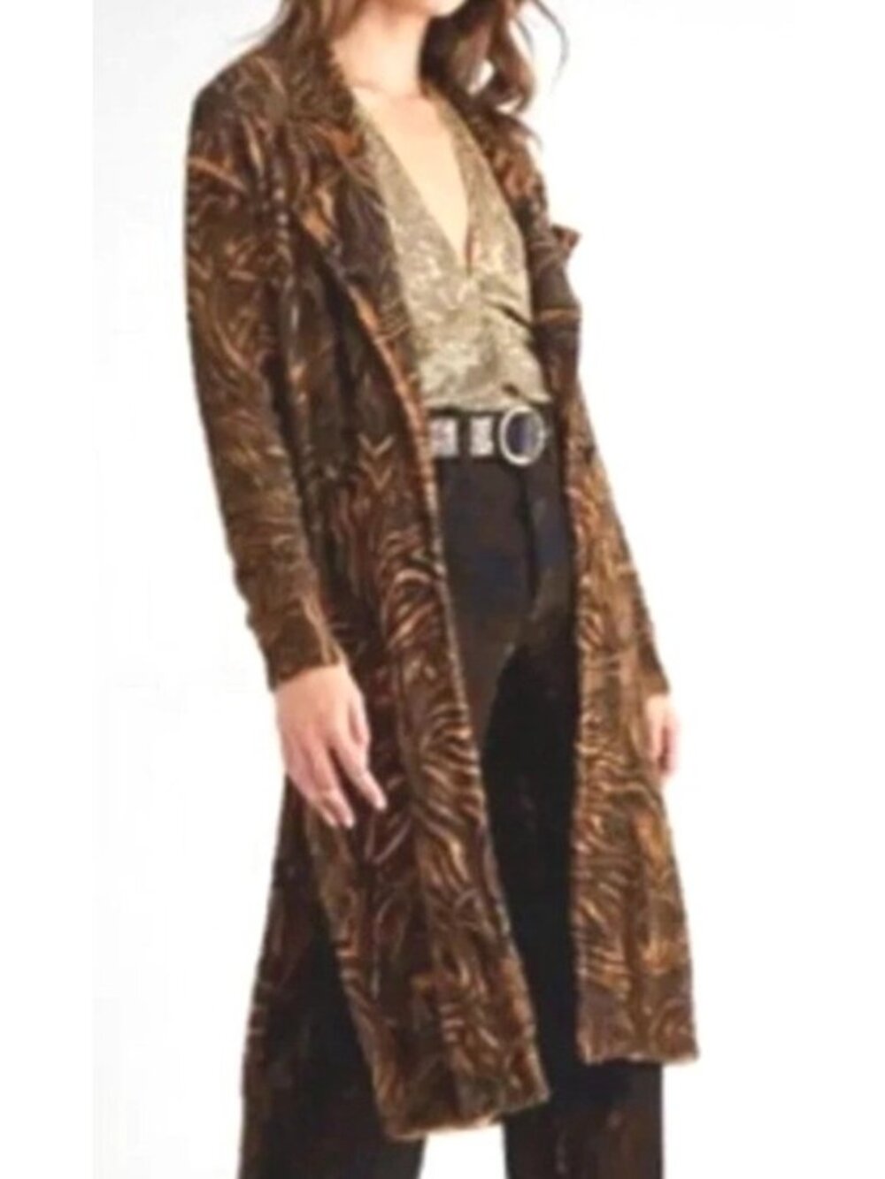 Free People Womens Sz Medium Fuzzy Tiger Animal Print Cardi Duster Long Sweater